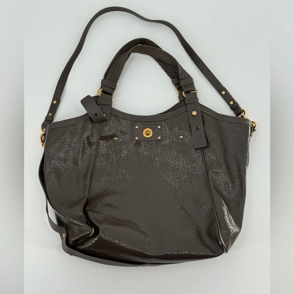 Marc Jacobs Helena Taupe Brown Patent Leather Turn‎ Lock Large Tote Shoulder Bag